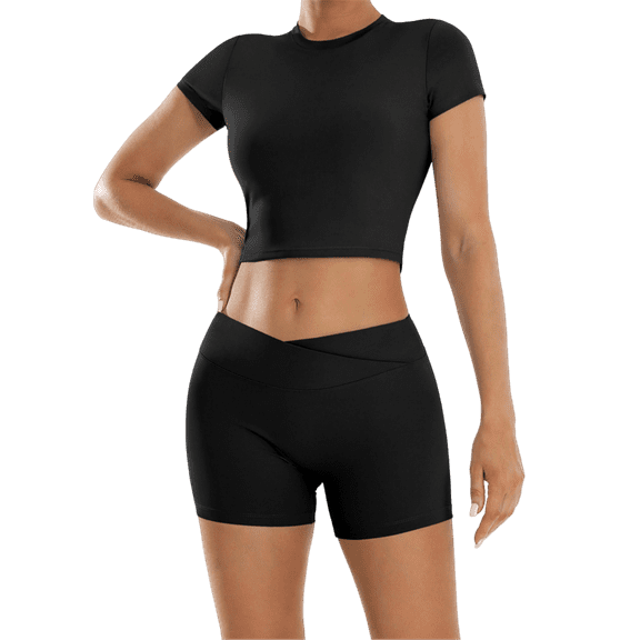 KANG Workout Sets for Women 2 Piece Short Sleeves V Waist Shorts Yoga Outfits