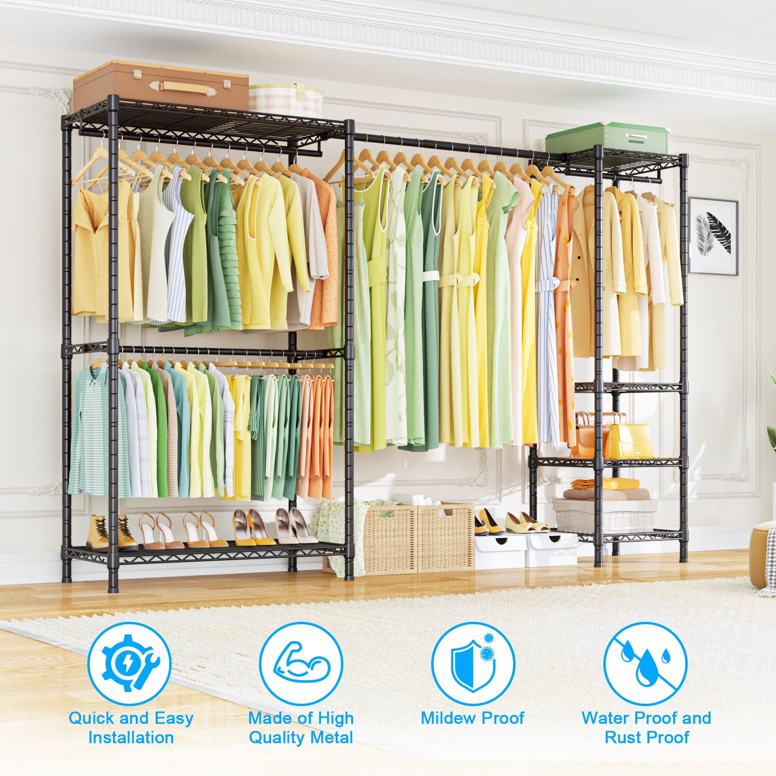 Ulif E10 Heavy Duty Closet Organizer for Bedroom & Laundry Room - Adjustable Clothes Rack with 800lbs Capacity, Freestanding Garment Rack (73-97"W, Black)