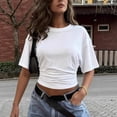 thumbnail image 3 of Korean-style design round-neck pullover short-sleeve T-shirt for women, new summer model, simple and versatile, solid color, loose-fitting top, 3 of 10