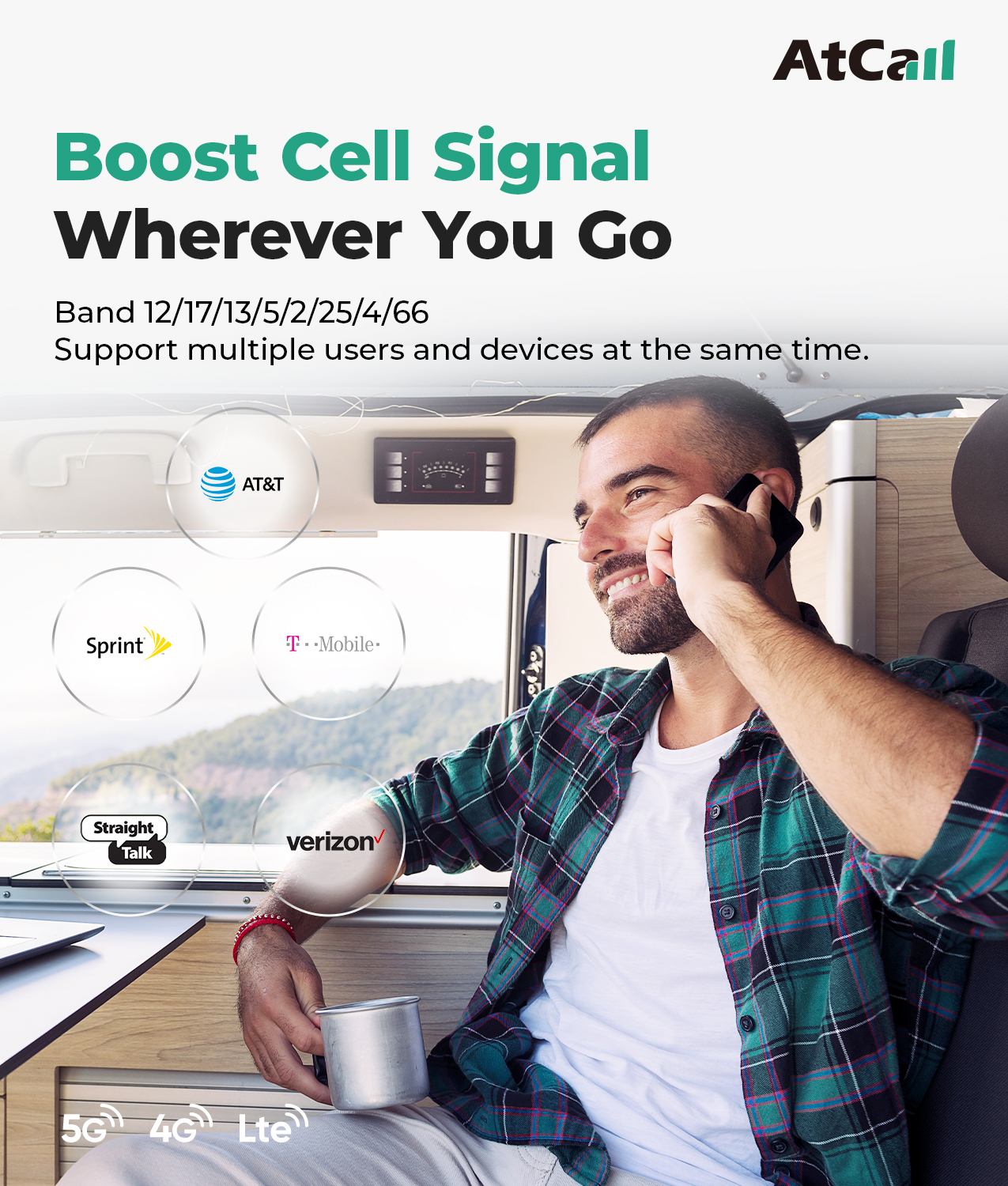 Cell Phone Booster for RV Truck, Omni-Directional Antenna, 5G Compatible, Band 12/17/13/5/2/25/4/66, Cell Phone Signal Booster Support All U.S. Carriers - AT&T T-Mobile Verizon, FCC Approved