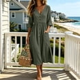 thumbnail image 2 of CHGBMOK Cotton Linen Dresses for Women Fall 3/4 Sleeve V Neck Fitted Waist Dress Side Slit Midi Dress with Pockets, 2 of 6