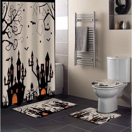 ZHANZZK Halloween 4 Piece Bathroom Set Shower Curtain Bath Rug Contour Mat and Toilet Lid Cover