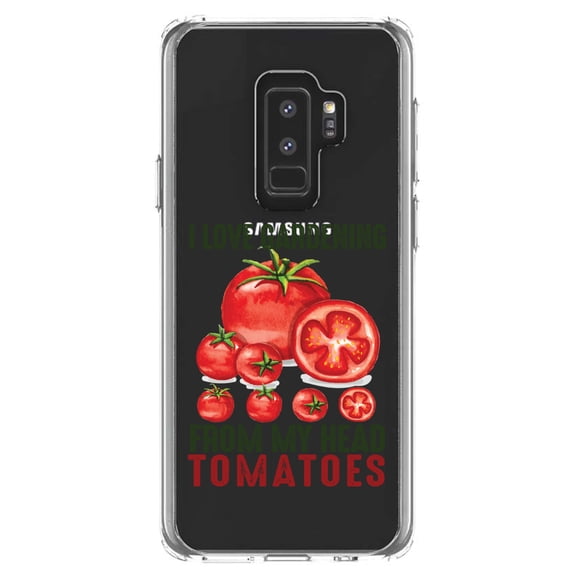 DistinctInk Clear Shockproof Hybrid Case for Samsung Galaxy S9  PLUS (6.2" Screen) - TPU Bumper Acrylic Back Tempered Glass Screen Protector - I Love Gardening from My Head Tomatoes