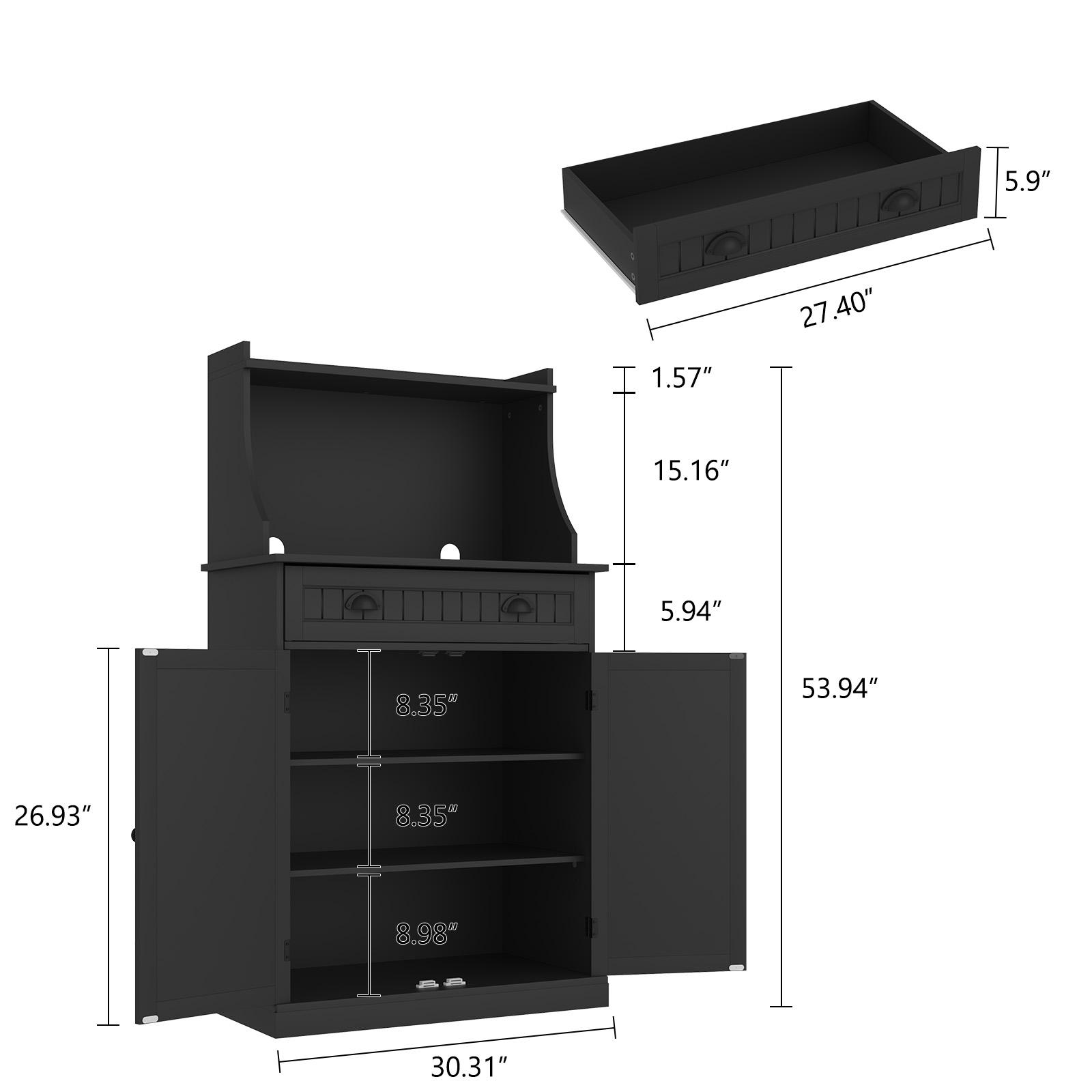 Kitchen Microwave Pantry Storage Cabinet with Drawers & Cabinets for Kitchen Organization, Black