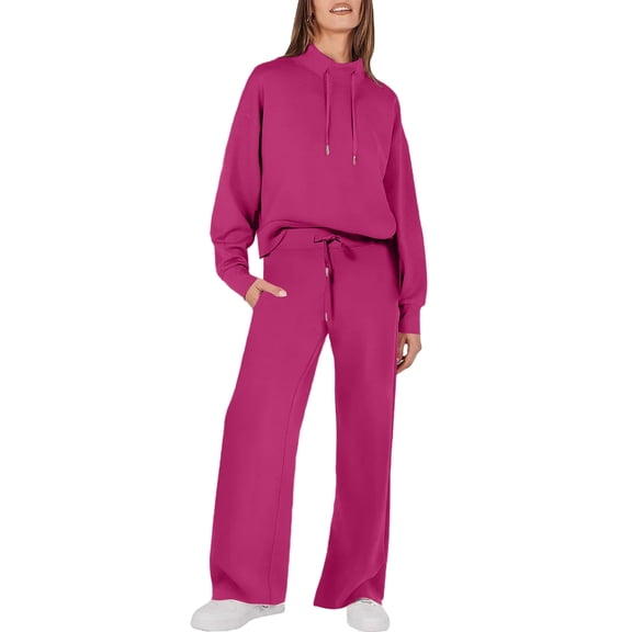 Huankd Womens 2 Piece Outfits Sweatsuit Set 2026 Spring Drawstring Sweatshirt Wide Leg Sweatpant Lounge Set Tracksuit Hot Pink XL
