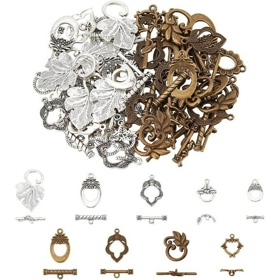 54 Sets 9 Styles Toggle Clasps Tibetan Jewelry Toggle Clasps Flower Oval Leaf Alloy Toggle Clasps Jewelry Clasps and Closures for Necklace Bracelet Jewelry Making Antique Silver/Bronze