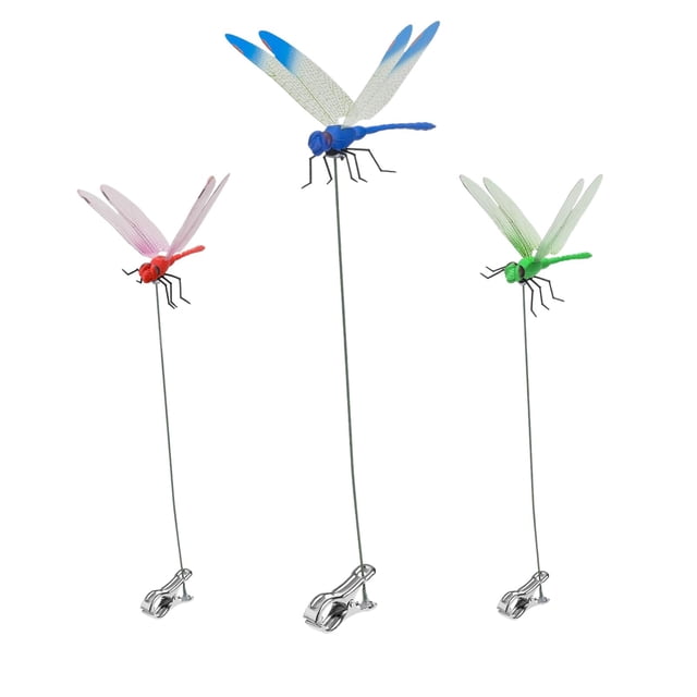Paquete de 3 clips de libélula, decoración de estacas de jardín de libélula 3D, disuasión de moscas, estacas de colibrí de libélula, disuasión de moscas de ciervos y caballos