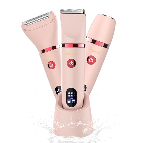 HATTEKER 3-in-1 Lady Shaver for Women Painless Razor, Bikini Trimmer, Facial Hair Removal, Body Trimmer for Face, Legs, Underarm IPX7 Waterproof LED Display Pink