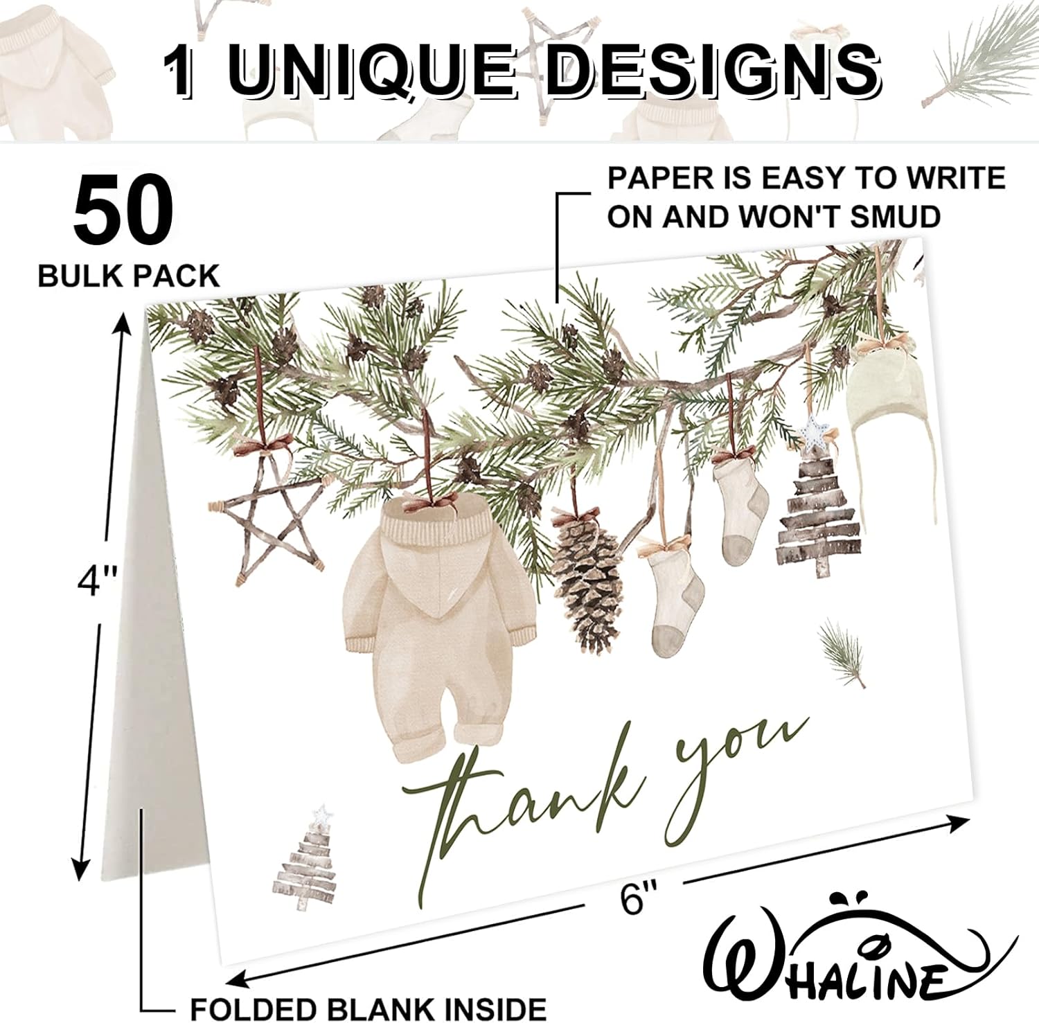 50 Pack Christmas Baby Shower Thank You Cards Bulk Boxed Winter Blank Note Cards with Envelope Stickers Winter Pine Cone Branch Baby Cloth Greeting Card for Birthday Boys