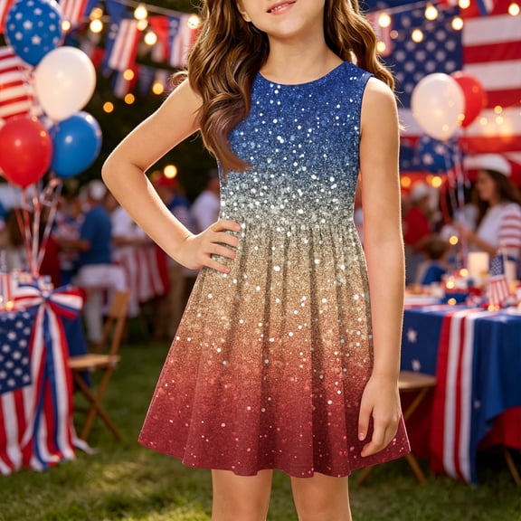 CCRFTGI 4th of July Girls Dress Size 10-12 Cute American Flag Sequins Print A-Line Dress Party Patriotic Sleeveless Crew Neck Girls Clothes Summer Stylish Dresses Beige 12-13 Years