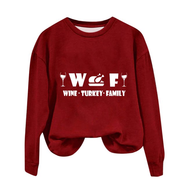 Rbaofujie Chandails pour Femmes Mode Tendance Femmes WTF Action de Grâce Vin Dinde Famille Décontracté Manches Longues Imprimé Col Rond Chandail en Molleton Ample Blouse Hauts Vin Automne Chandails à Capuchon pour Femmes
