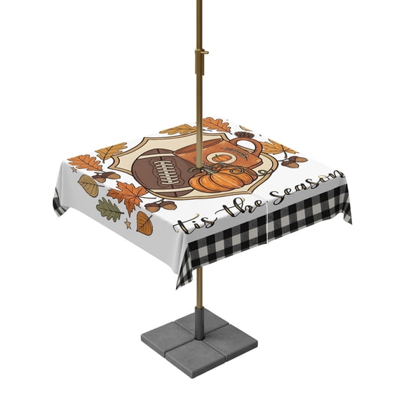 Outdoor Tablecloth with Umbrella Hole, Thanksgiving Pumpkin Football Maple Leaf Zippered Table Cloth for Rectangle Tables, Black White Plaid Washable Waterproof Tablecloths for Picnic Patio Garden