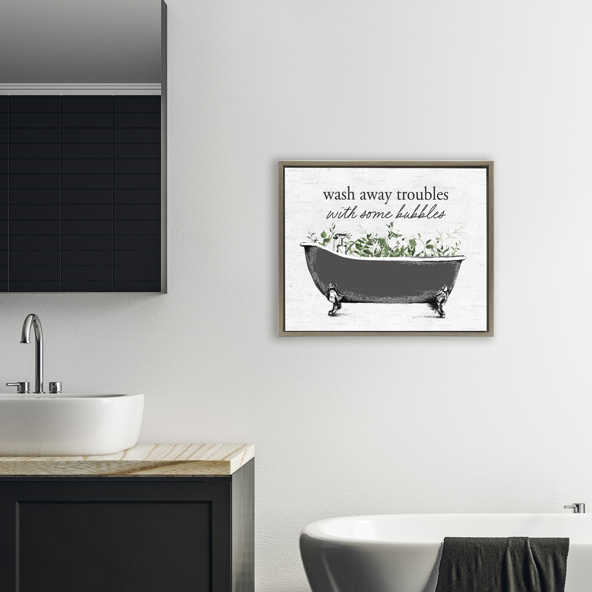 Comforting Bubble Bath Quote Brown Framed Floater Canvas Wall Art, design by Lettered and Lined