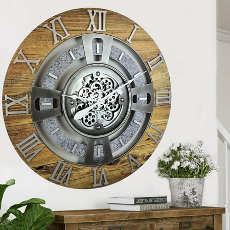 THE GEARS CLOCK Wall Clock with Real Moving Gears EN-LI_ 36 in Round Wood-Stone