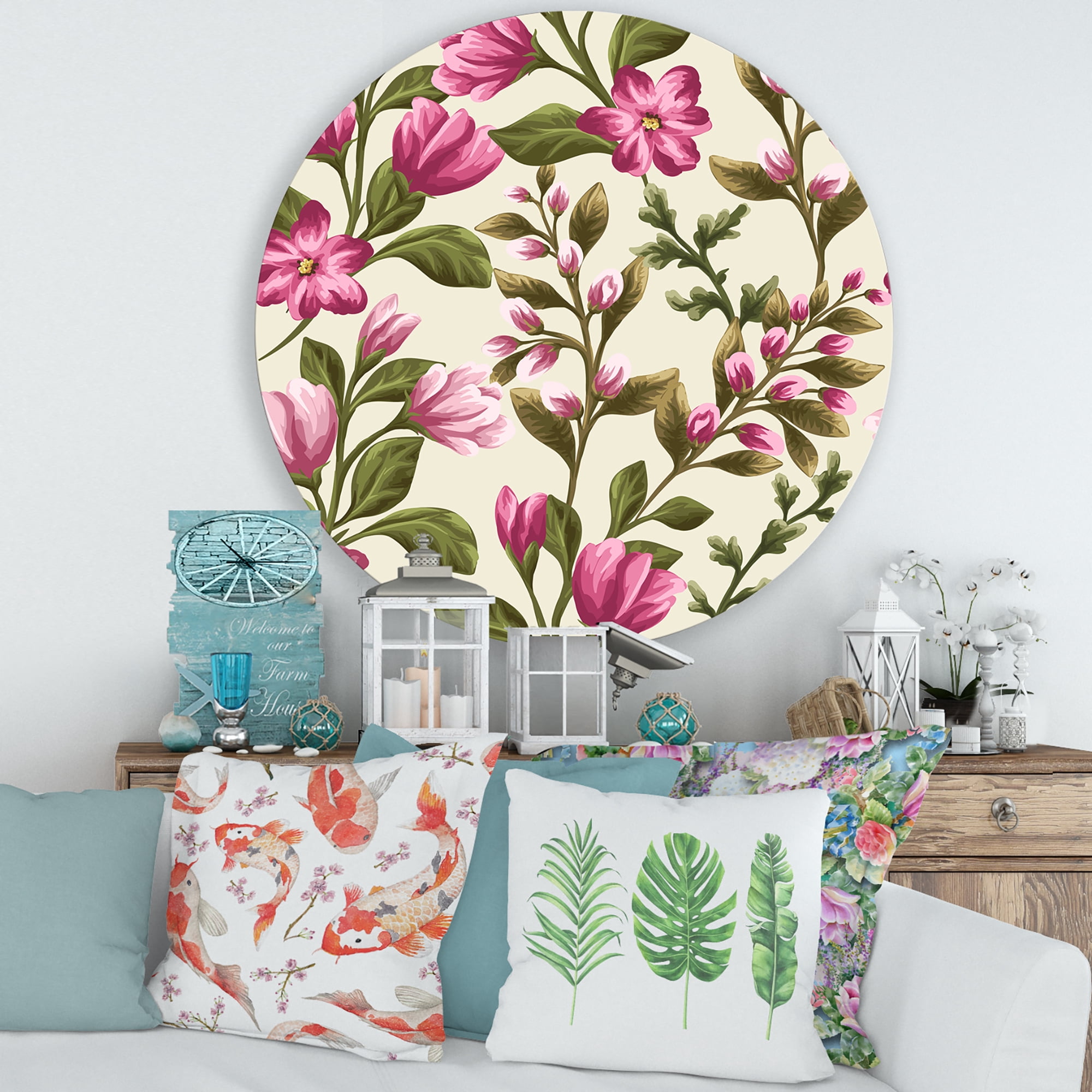 Designart 'Pink Vintage Wildflowers' Traditional Circle Metal Wall Art 29x29 - Disc of 29