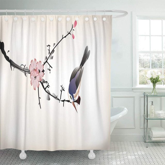 ABPHQTO Pájaro rojo japonés pintura flor china jardín oriental cerezo hermosa rama impermeable baño cortinas de ducha conjunto 165x180 cm