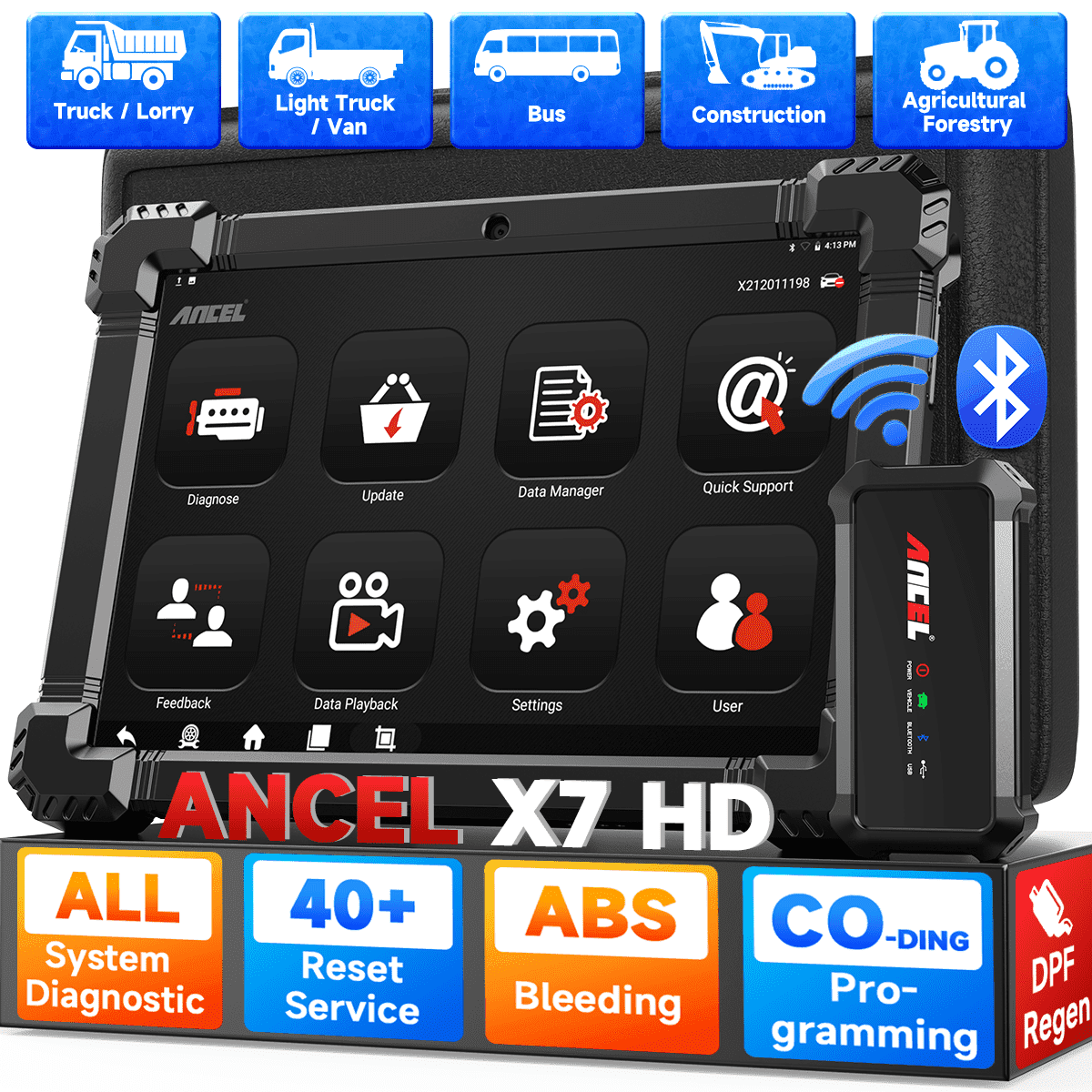 ANCEL X7 HD Heavy Duty Truck Scanner Tablet Diesel Truck Diagnostic Tool ECU Reset Full System Bidirectional Control Free 15 Reset Services,24V Truck 12V Car 2in1 Code Reader, Gift:Car Battery Tester