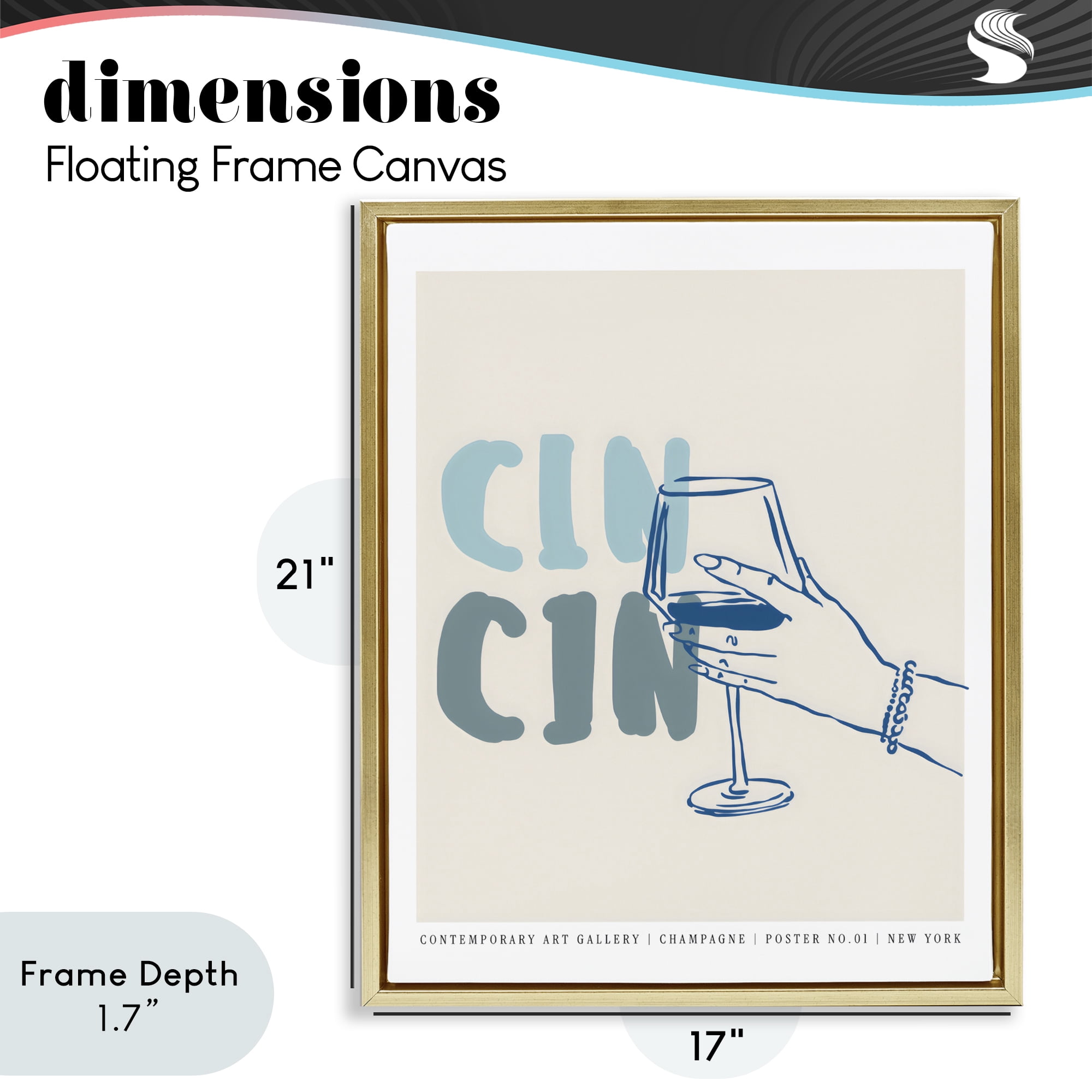 Stupell Industries Cin Cin Blue Champagne Toast Gold Framed Floater Canvas Wall Art, design by The Prints Vibe