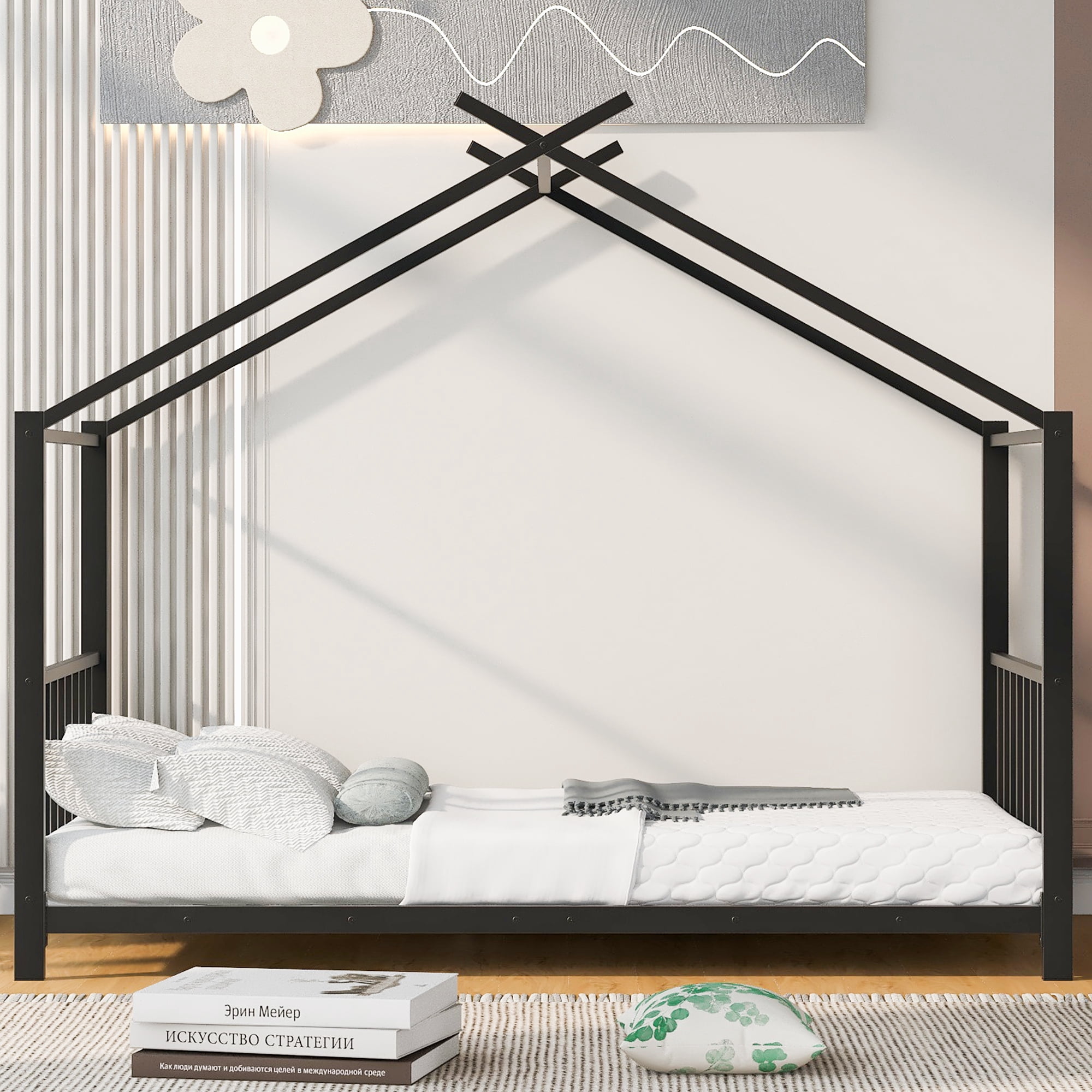 Yoneston Twin Size Kids Metal House Platform Bed Frame with Roof for Child, No Spring Needed, Black
