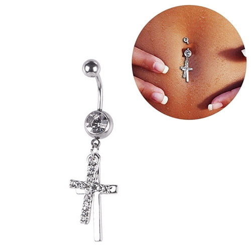 Soumake Rhinestone Double Cross Dangle Navel Belly Button Barbell Ring Body Piercing Jewelry Fashion