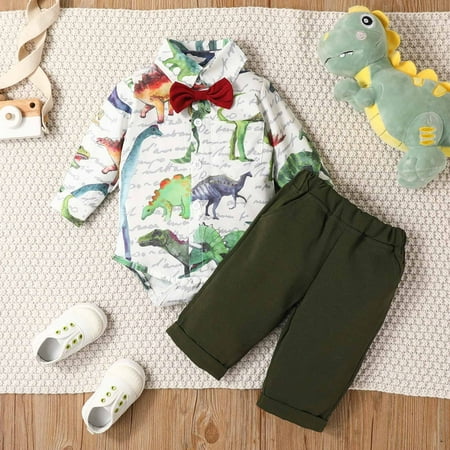 

XMMSWDLA Baby Girls Boys Hooded Dinosaur-print Long-sleeved Romper Solid Color Trousers Two-piece Set Savings Clearance