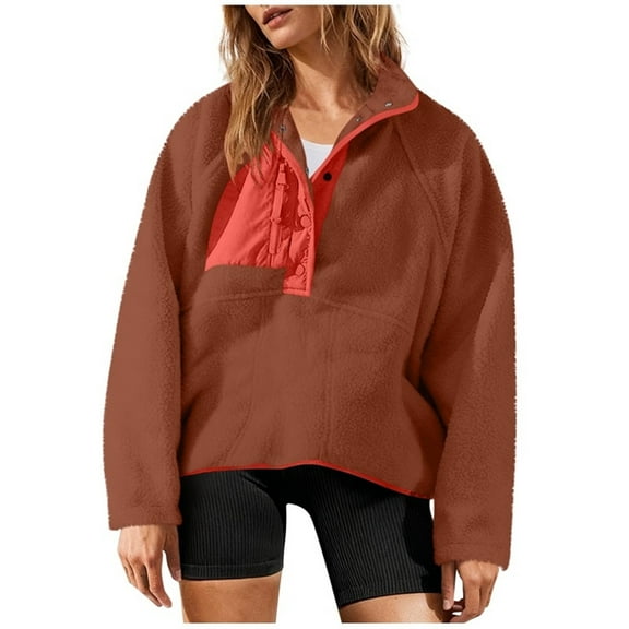 Fuzzy Sherpa Sweatshirts for Women Color Block Casual Stand Collar Long Sleeve Loose Pullovers Tunic Tops