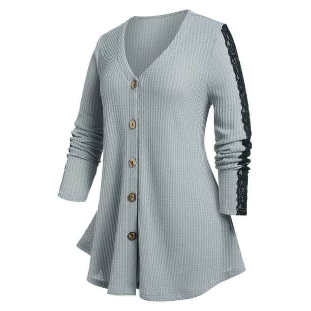 Camiseta de Punto con Panel de Encaje de Talla Grande Rosegal Mangas largas de talla grande