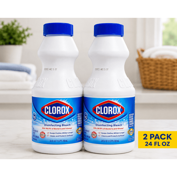 Clorox Disinfecting Bleach, Regular, 24 fl oz (709 mL) Bottles, 2 Pack, Liquid Household Cleaner