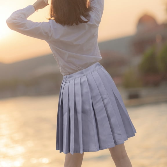 CIMAXIC Student Grey Uniform Pleat Skirt with Invisible Zipper Closure
