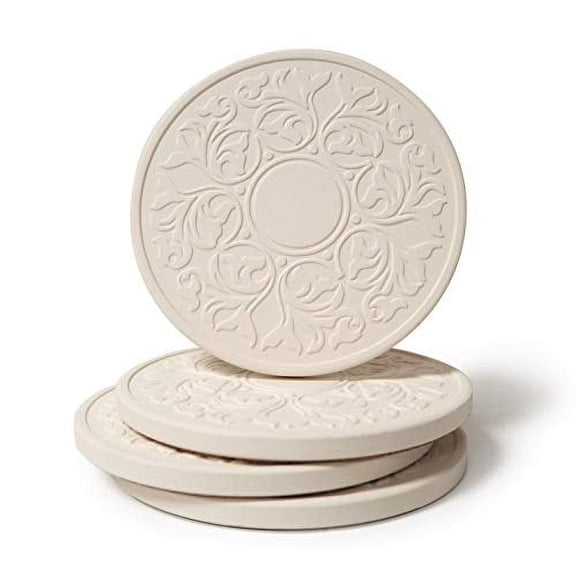 CoasterStone EC400 Absorbent Stone Coasters, Victorian Lace Set of 4, White