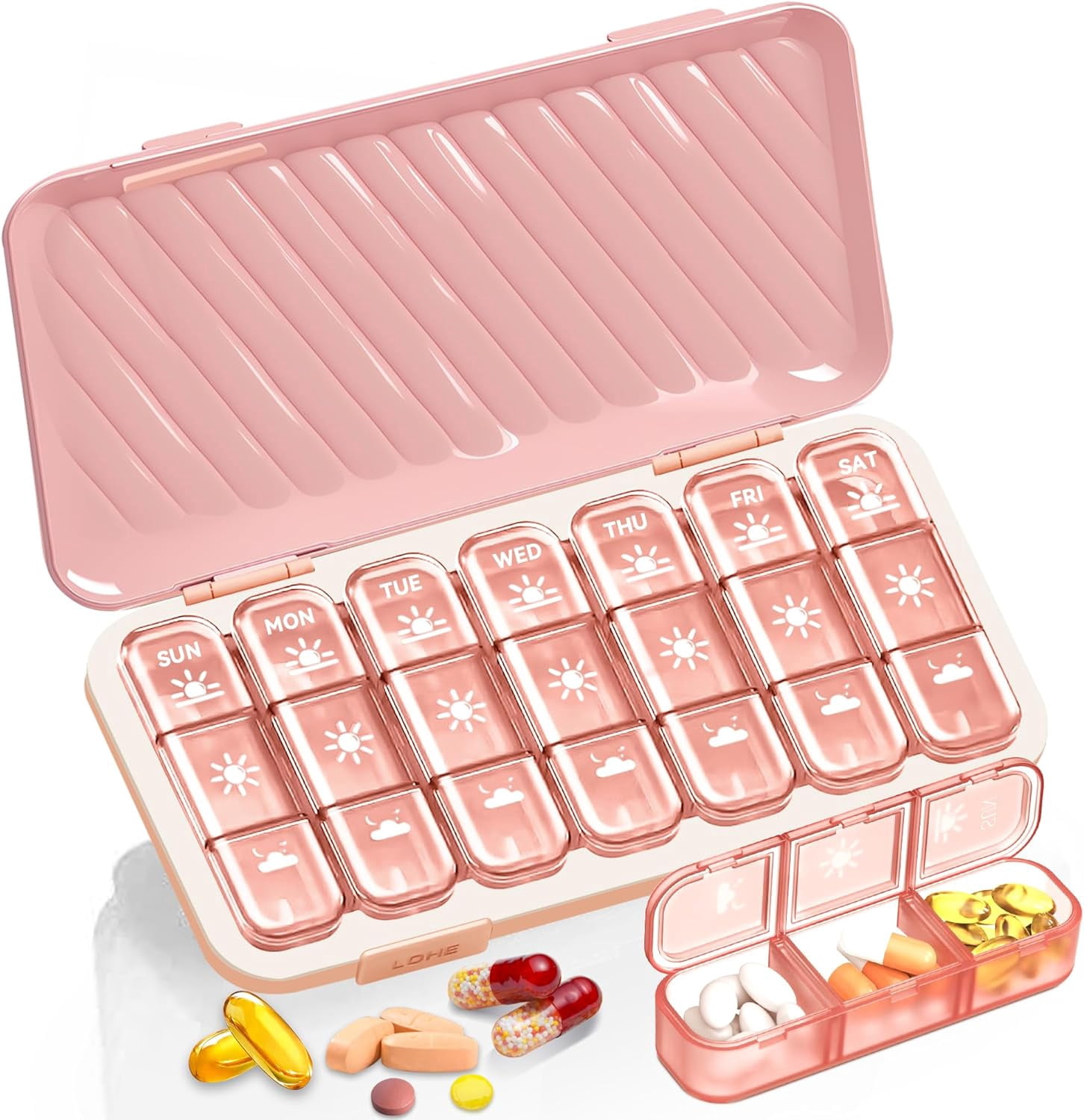 Pill Organizer Times A Day Day Pill Box - Weekly Pill Organizer Portable Removable Daily Medicine Container Dispenser Case for Vitamin Fish Oil Supplement Pink