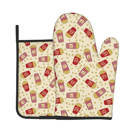 

Tebeau Cartoon Popcorn Print Oven Mitts and Pan Racks 2-Piece Set Kitchen Oven Mitts and Pan Racks Heat Resistant 500 °F for Baking and Cooking