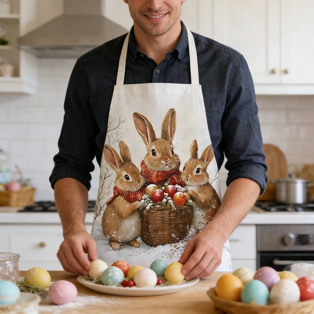 BAOPAI Easter Bunny Print Apron for Kitchen Cooking and Festive Parties Made from Soft Durable and Breathable Polyester Material for Festive Decorations