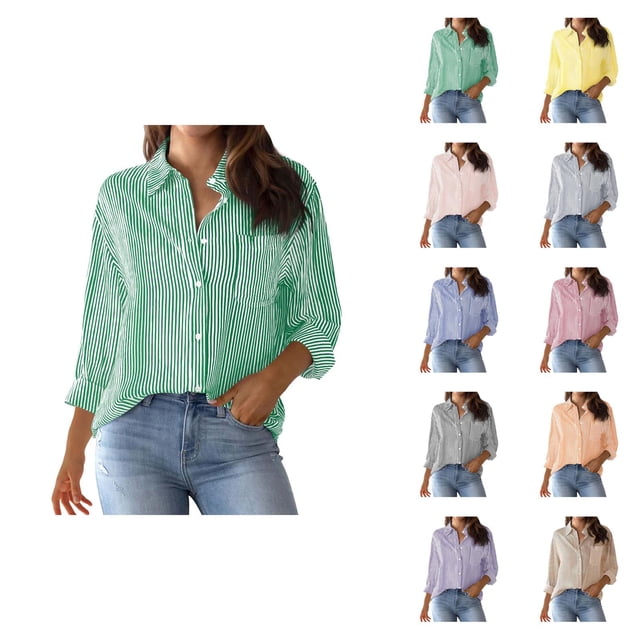 Striped Womens Long Sleeve Shirts 2026 Trendy Button Down Lapel Collared Blouse Shirt