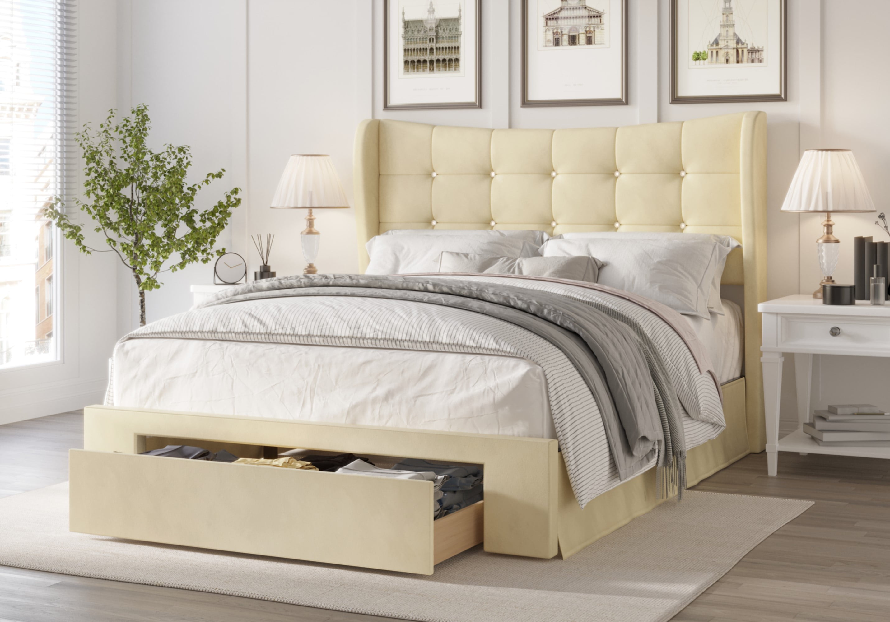 Home Design Bennett Tufted Upholstered Queen Storage Platform Bed with Drawers, Modern Beige Fabric Bed Frame for Bedroom