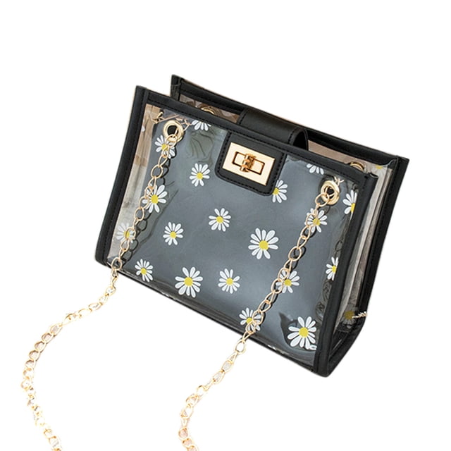 HEVIRGO Sac à Bandoulière Transparent en Gelée avec Chaîne Imprimée Marguerite pour Femmes