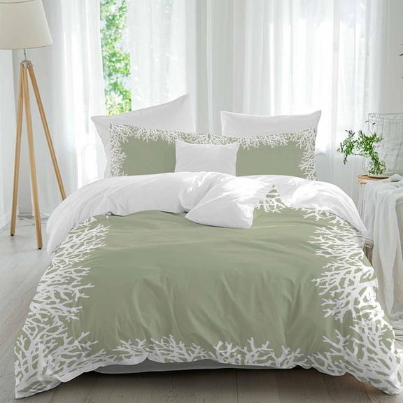 3 Piece Coastal Coral Duvet Cover Set Queen Size,Microfiber Comforter/Quilt Cover with Corner Ties and 2 Pillowcases,Sage Green Ocean Marine Nautical Beach All Season Soft Bedding with Zipper Closure