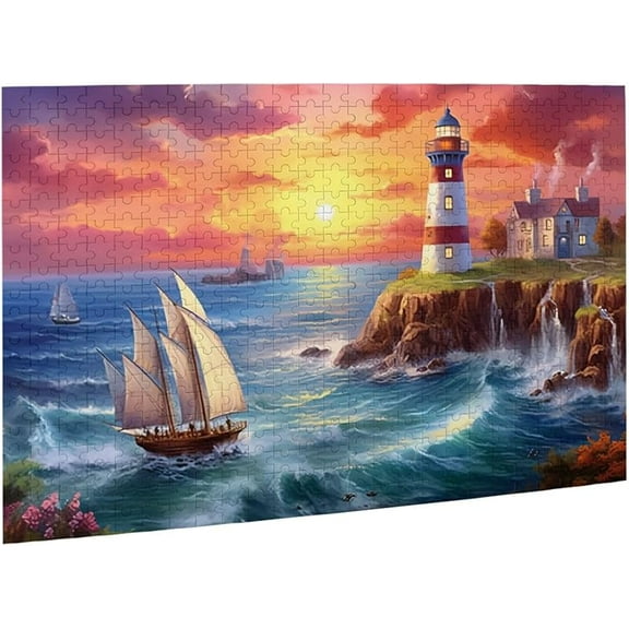 Jigsaw Puzzles 500 Pieces for Adults Sea Beach Lighthouse Sunset Sailboat Formation Wooden Educational Games for Family Friend Home Decoration Wall Art Gift