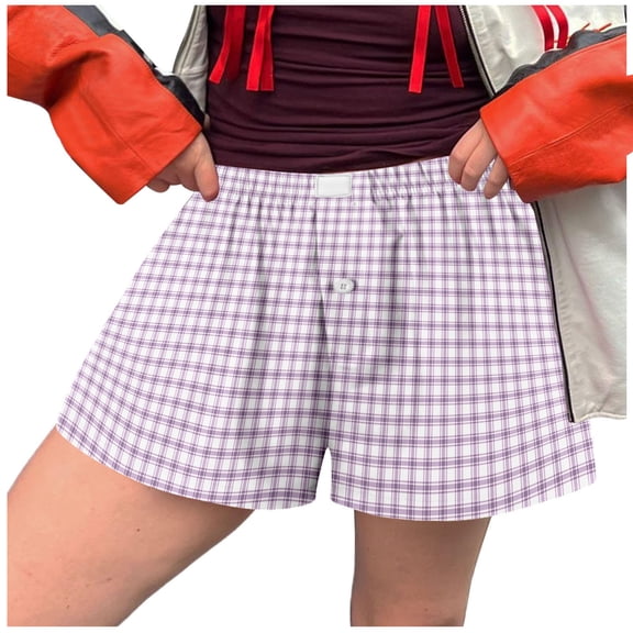 WAYUTE Womens Shorts Cute Plaid Print Button Front Straight Leg Home Bottoms Shorts Holiday Casual Versatile Summer Dailywear