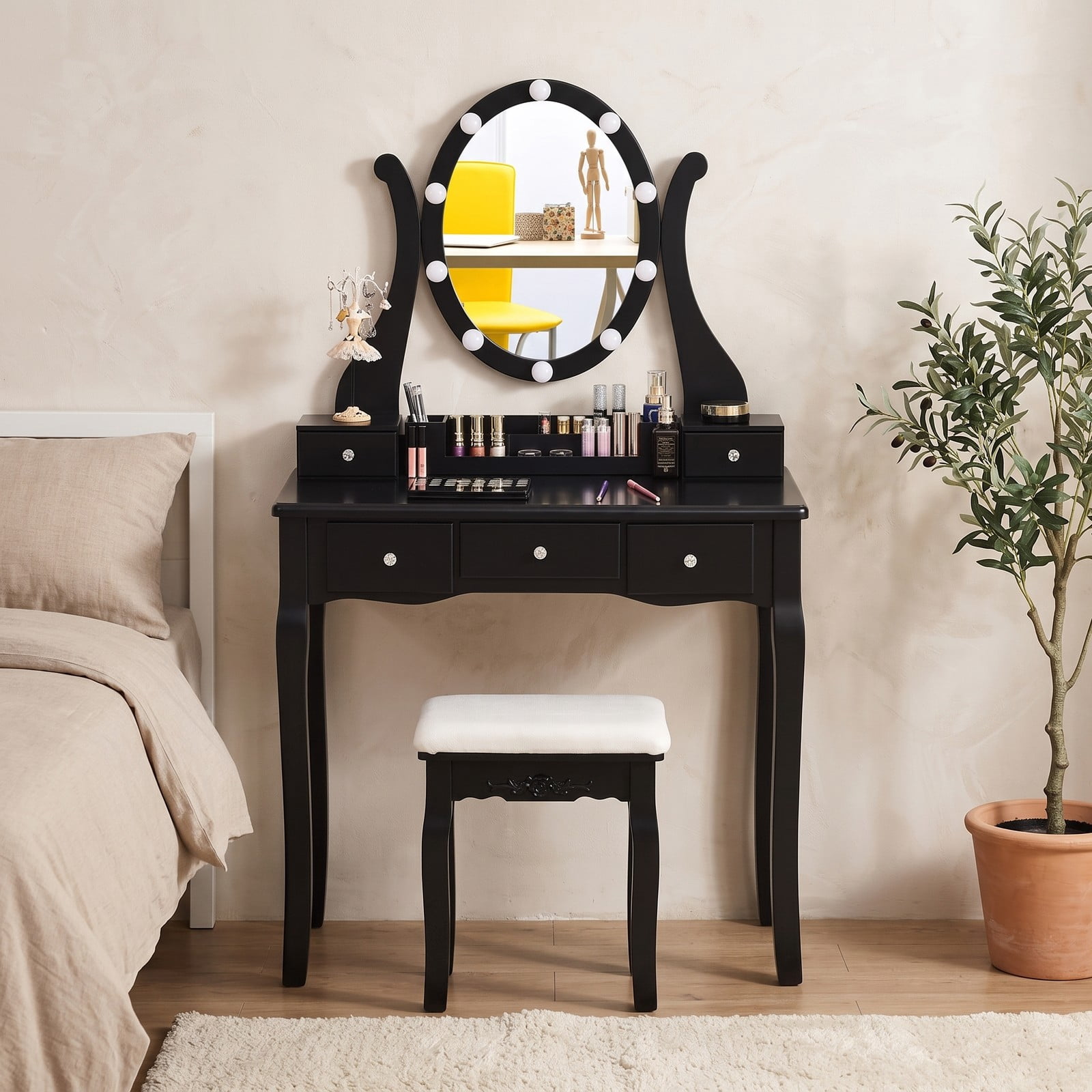 Furnibear Vanity Table Set with 10 Dimmable Light Oval Mirror and Cushioned Stool and 5 Drawers for Bedroom Makeup and Dressing, Black