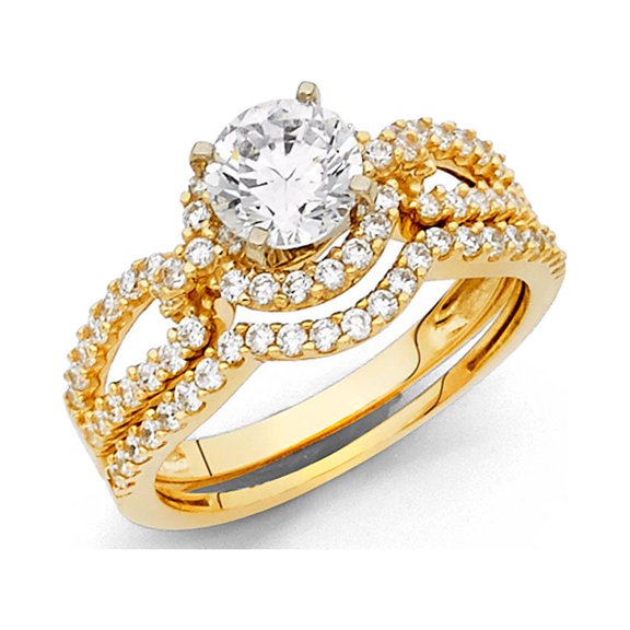 14k Yellow Gold CZ Solitaire Halo Engagement Ring & Wedding Band CZ Bridal Rings Set Side Stones Size 7