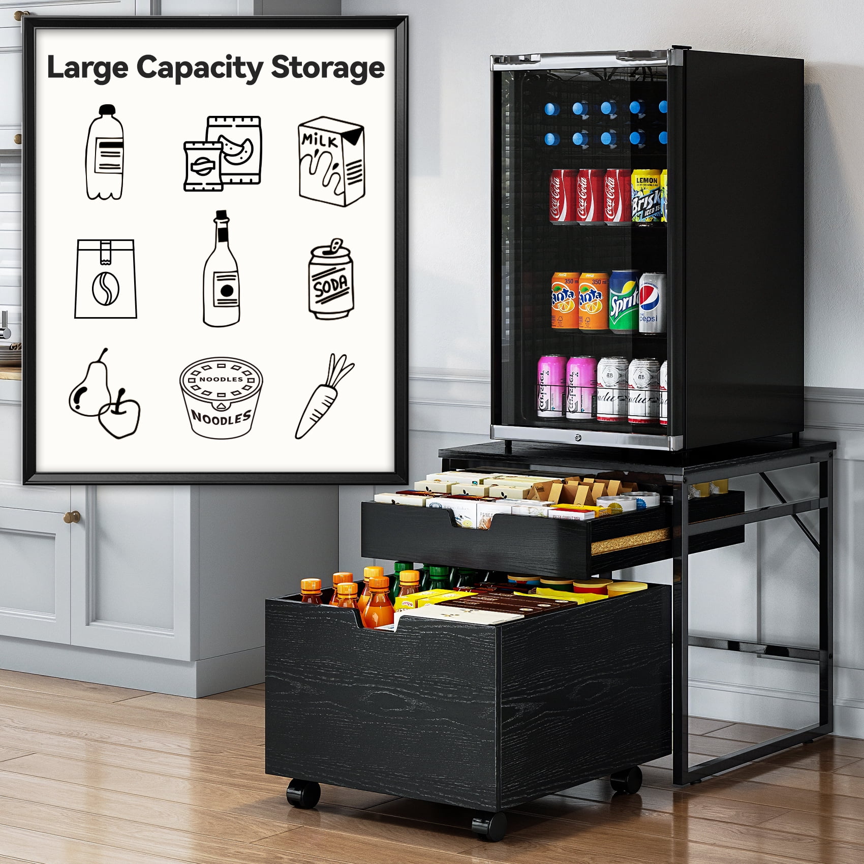 TC-HOMENY Mini Fridge Stand with 2 Storage Drawers, Refrigerator Microwave Table Shelf with Lockable Mobile Wheels, Beverage Compact Fridge Cabinet for Dorm, Apartment, Office
