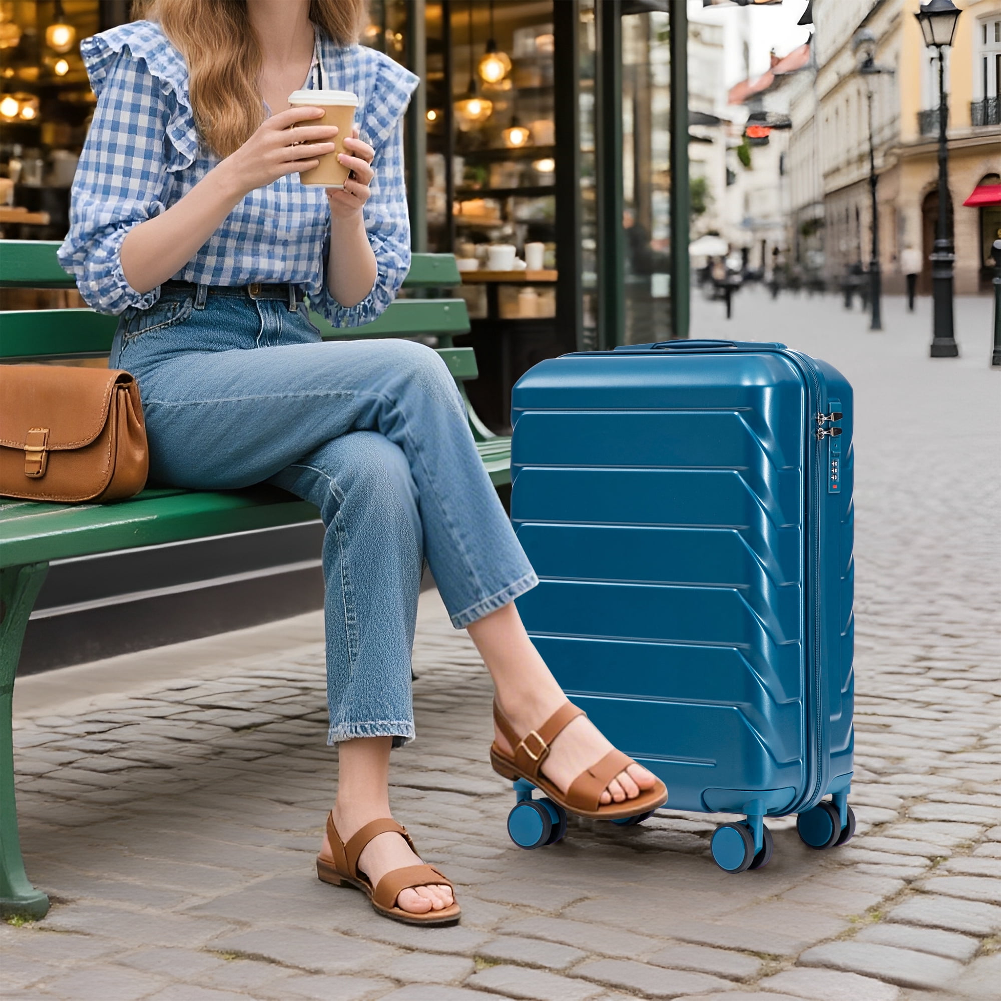14"/20" 2 pcs/set in ABS Spinner Wheel Luggage, with Combination Lock, 14" Cosmetic Case (Dark Blue)