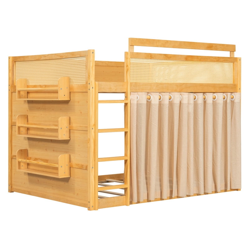 Full Size Bunk Bed with 3-Tier Storage Shelf, Rattan-Style Decor, Privacy Curtains and LED Light Strip, Modern Wood Full Over Full Bunk Bed Frame for Kids Teens