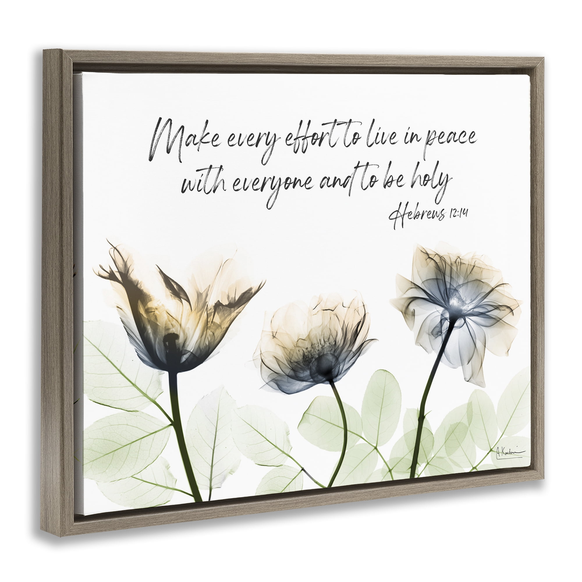 Stupell Industries Live In Peace Floral Religious Painting Brown Floater Framed Art Print Wall Art, 31 x 25