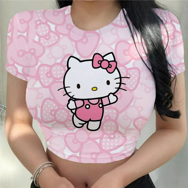T-shirt d'Été à Manches Courtes pour Femmes Hello Kitty Col Rond Imprimé Hauts Courts Ultra-Courts Sexy Dames Mode Simple T-shirts