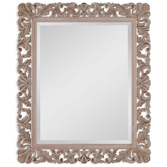 Rectangular Filigree Carved Wooden Frame Mirror, Natural Brown- Saltoro Sherpi