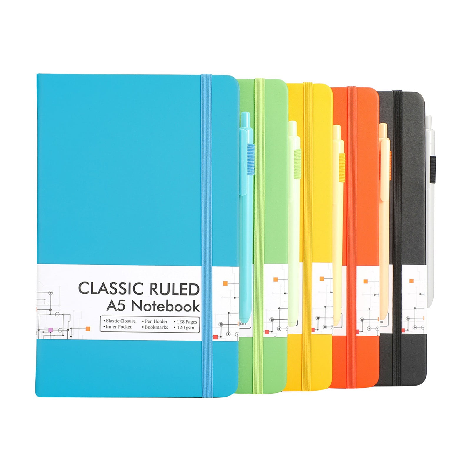 5Pcs Journal Notebook Bulk,Solid Colors A5 Notebook Hardcover Ruled Lined Journals with 5 Pens and Pen Holder for Travel,Office & Home Daily Use