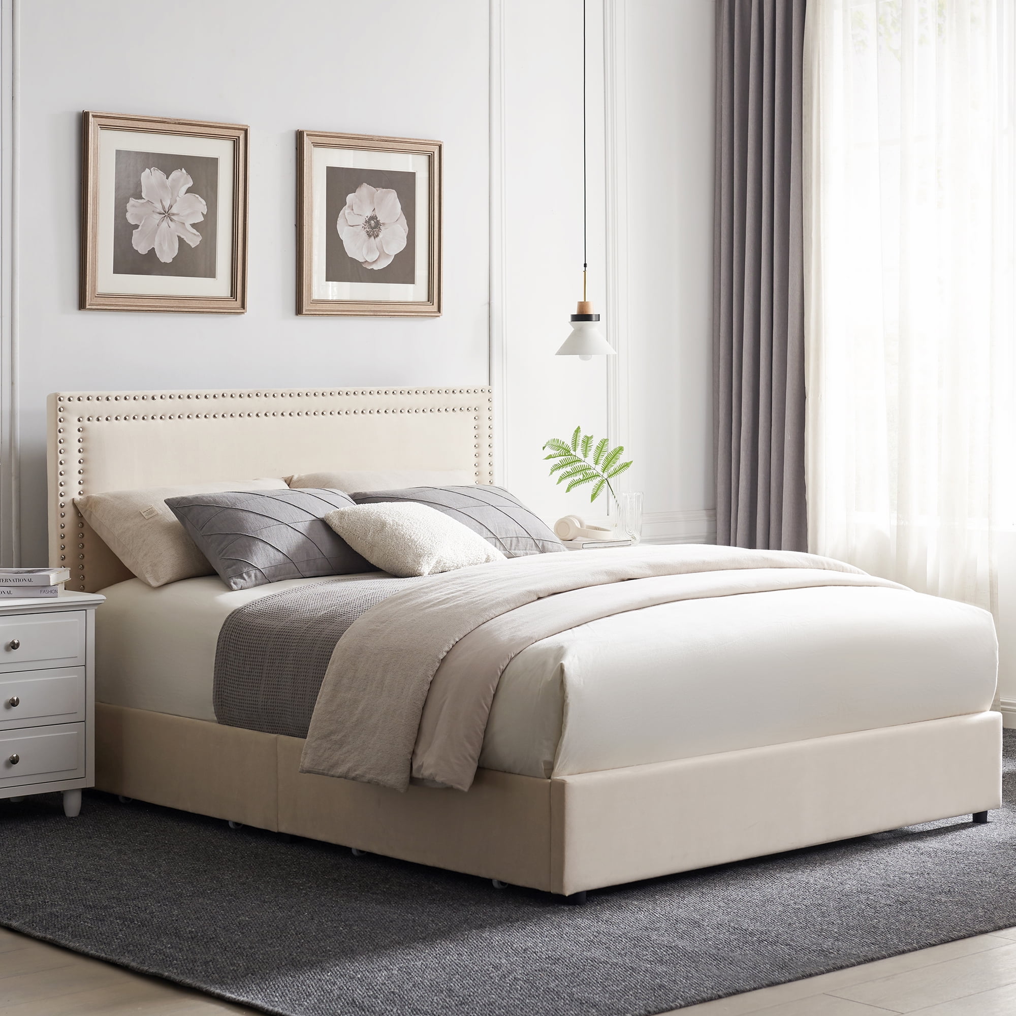 VECELO Full Bed Frame with 4 Storage Drawers (Wheeled) and Tufted Upholstered Adjustable Headboard Platform Bed, Beige