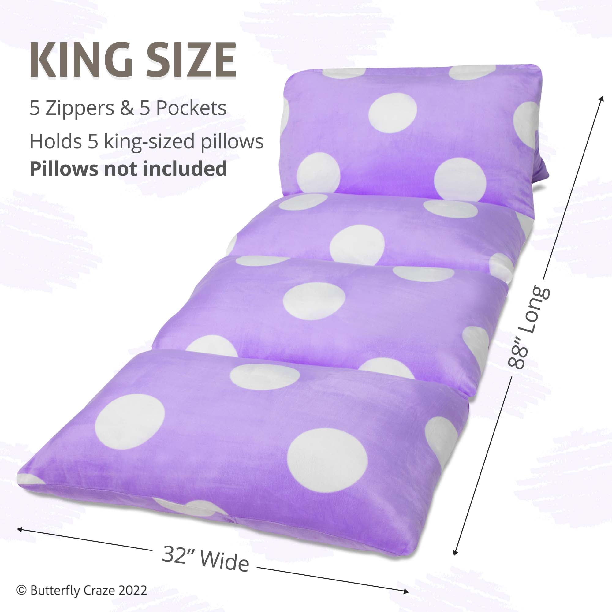 Butterfly Craze Floor Pillow Bed Lounger Cover, Cozy & Stylish Seating Solution for Kids & Adults, Recliner Floor Cushion for Ultimate Comfort, Holds 5 Pillows, Cover Only, Purple Polka Dot, King